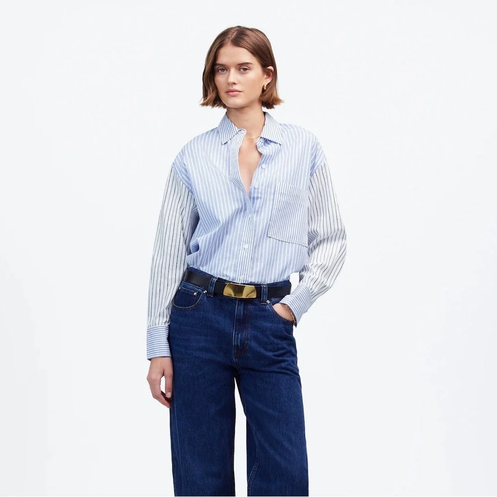 NWT MADEWELL Poplin Oversized Button-Up Shirt in Light Blue And White Stripe - Picture 3 of 7